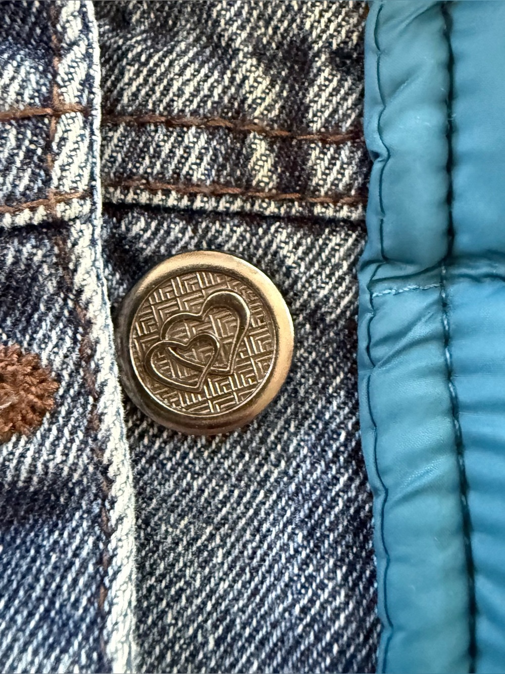 Melya Melody Paris Puffer Jacket Denim Trim Teal Quilted Layered Look Women's M - Picture 5 of 9